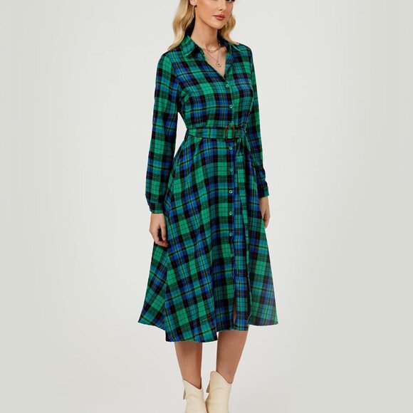 Women's Plaid Maxi Dress Long Sleeve Collared Belted Button Down Casual - Picture 3 of 6
